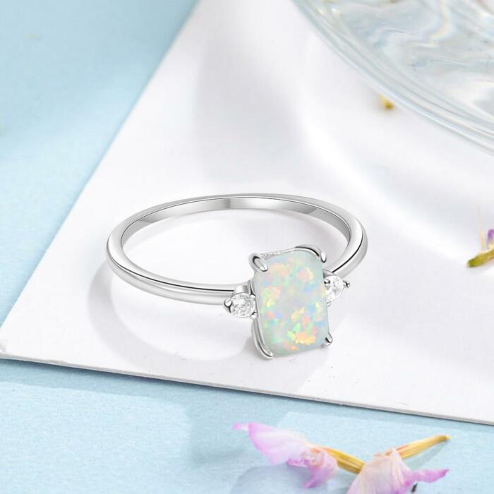 925 Sterling Rectangular Silver Ring - Classy White Opal Ring - Cubic Zirconia for Women - Fashion Trend Jewelry Gift for Women - Suitable To Women Of All Ages