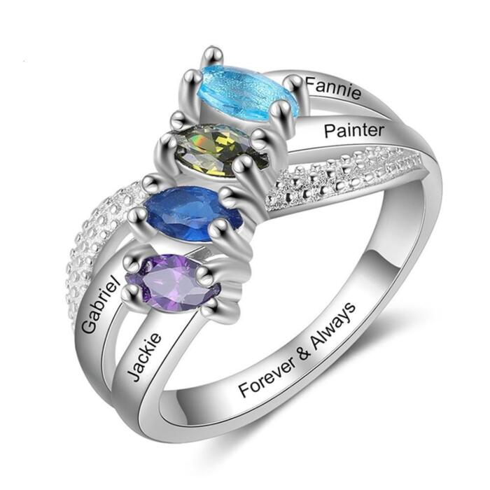 Personalized Solid Family Ring with 4 Birthstones, Custom 4 Name and 1 Inner Engraving Option with the Ring