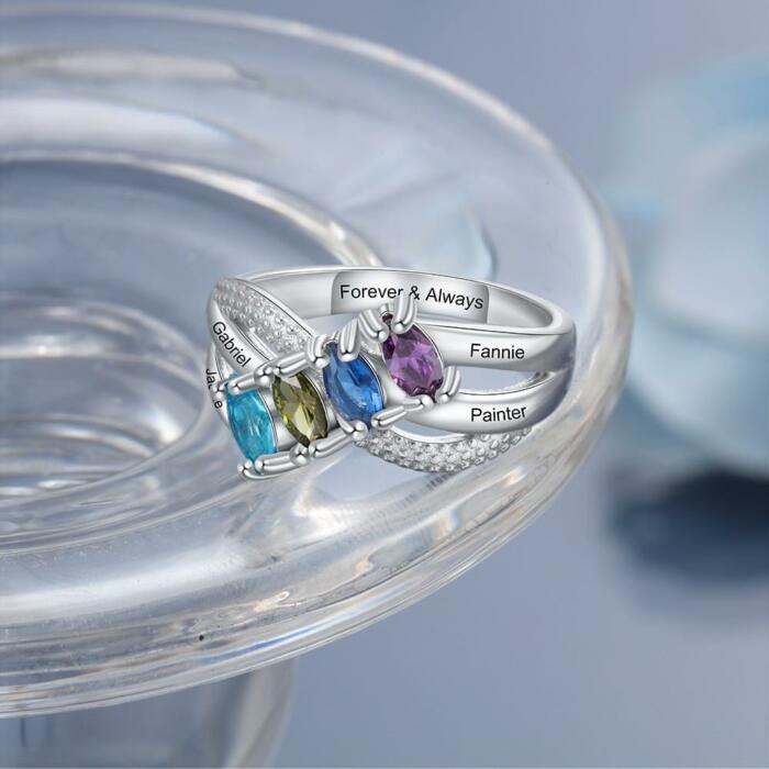 Personalized Solid Family Ring with 4 Birthstones, Custom 4 Name and 1 Inner Engraving Option with the Ring