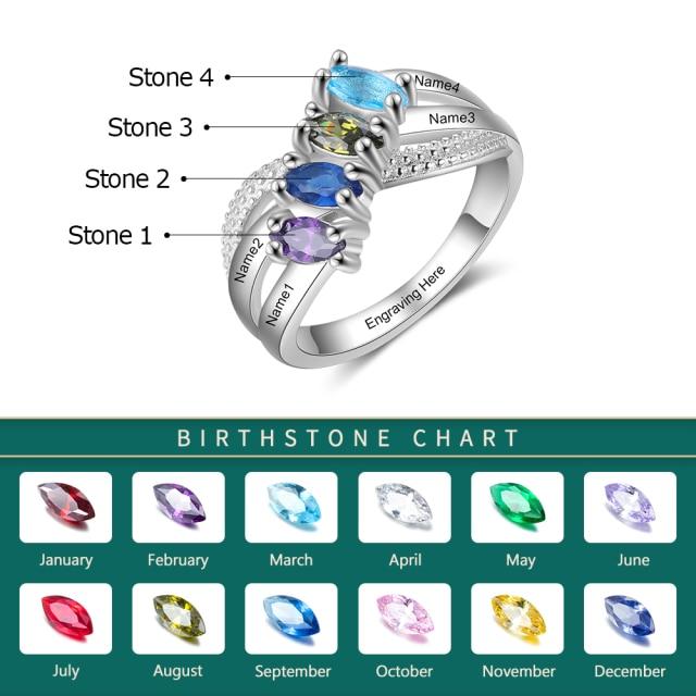 Personalized Solid Family Ring with 4 Birthstones, Custom 4 Name and 1 Inner Engraving