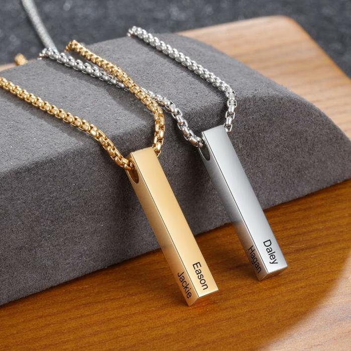 Personalized Jewelry for Men - Four Sided Engraved Necklace for Men - Bar Necklace for Men - Father’s Day Gift for Men - Vertical Bar Accessory for Husband