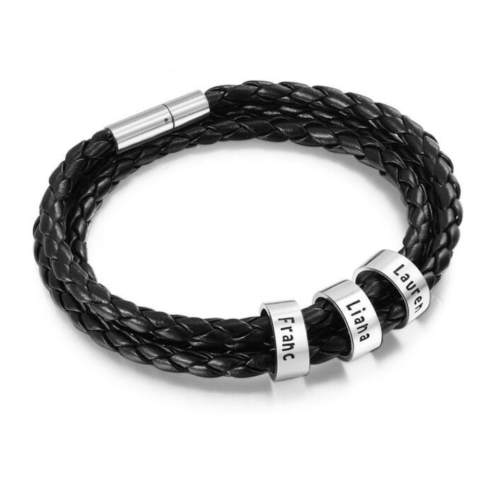 Sterling Silver Black Leather Bracelet - Beaded Bracelet for Men
