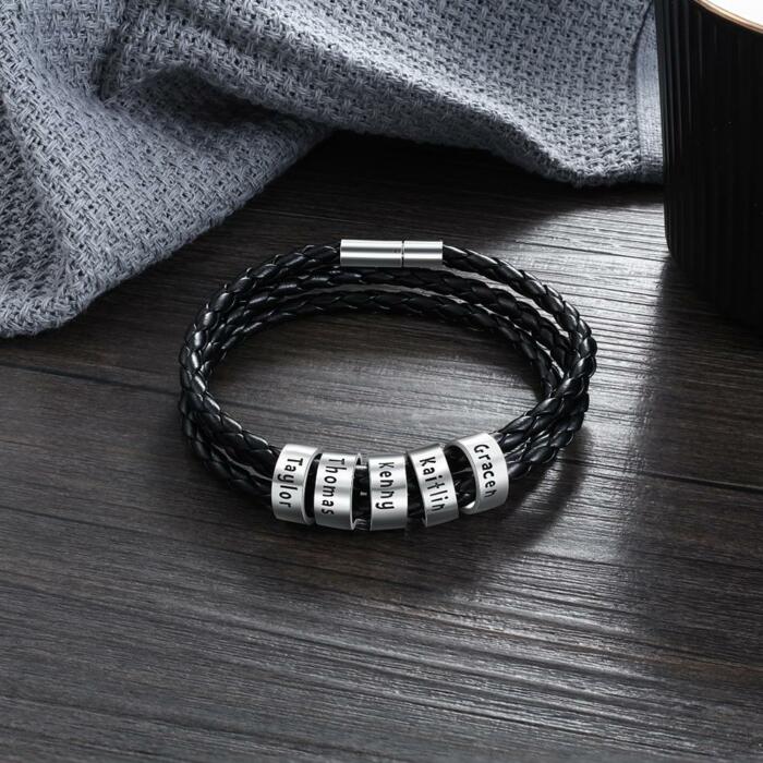 Sterling Silver Black Leather Bracelet - Beaded Bracelet for Men