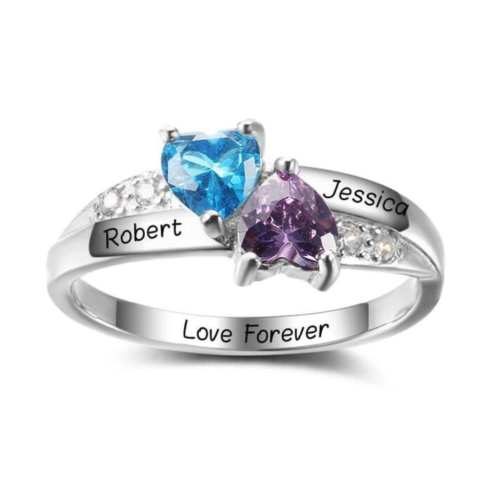 Personalized Sterling Silver Rings - Customized Double Heart Birthstone & Engrave Name Options