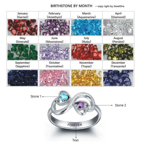 Personalized 925 Sterling Silver Ring- 3 Custom Birthstones and 3 Names Engraved Band