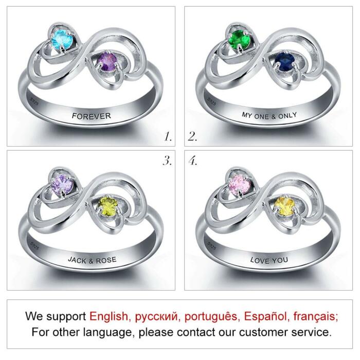 Personalized 925 Sterling Silver Infinity Love Rings for Women – Custom Two Birthstones & Engrave Name – Trendy Jewelry
