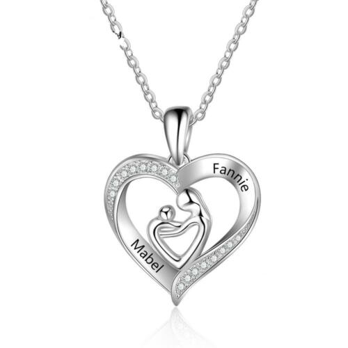 Trendy 925 Sterling Silver Mother Baby Heart Pendant, Custom 2 Name Engravings in the Stone Stubbed Heart Pendant