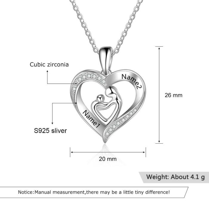 Trendy 925 Sterling Silver Mother Baby Heart Pendant, Custom 2 Name Engravings in the Stone Stubbed Heart Pendant
