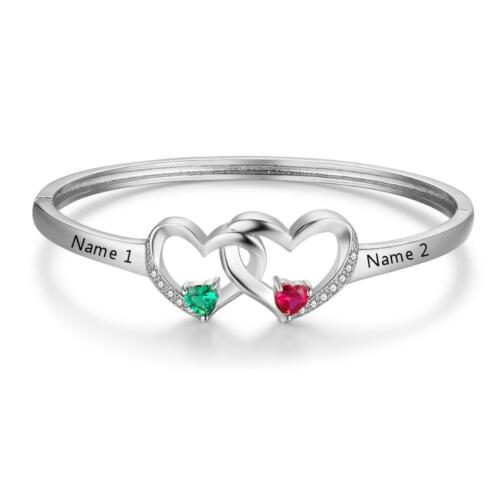 Personalized Silver Intertwined Heart with 2 Birthstones Engrave Name Bracelet & Bangle