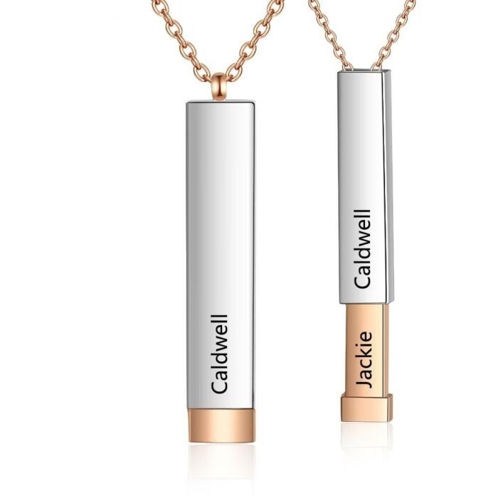 Personalized 2 Names Vertical Bar Rose Gold Color Engraving Stainless Steel Chain Necklace