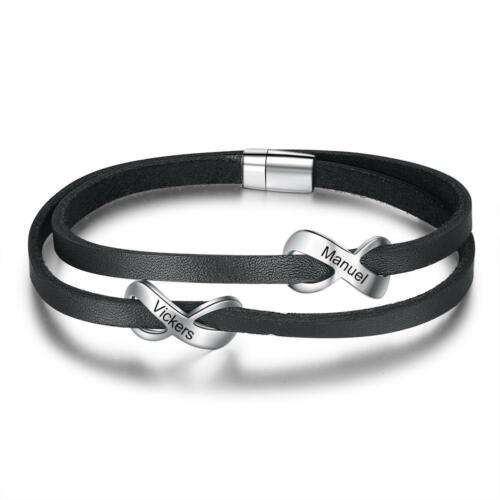 Personalized Black Leather Name Engraved Double Infinity Bracelet for Men
