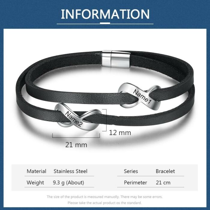 Personalized Stainless Steel Black Leather Engraved Name Double Infinity Bracelet Gift for Fathers