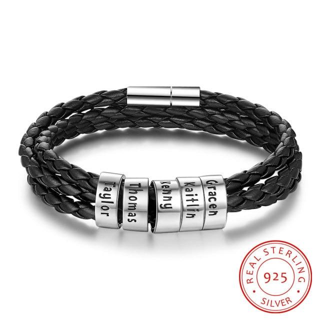 Personalized Jewelry for Men - Sterling Silver Black Leather Bracelet for Men - Customized Jewelry for Boys - Beaded Bracelet for Men - Gift for Him