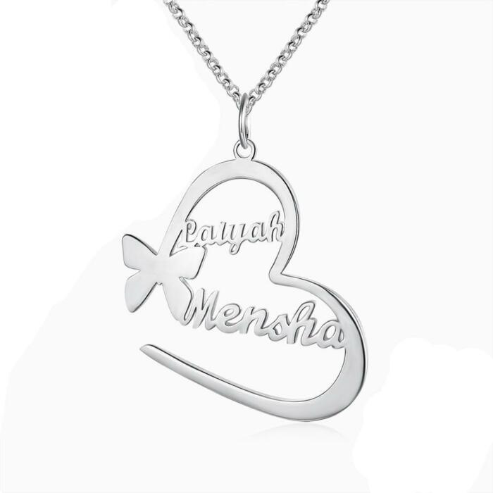 Butterfly Necklace for Women, Engraved Silver Pendant, 2-Name Engraving Silver Pendant for Women