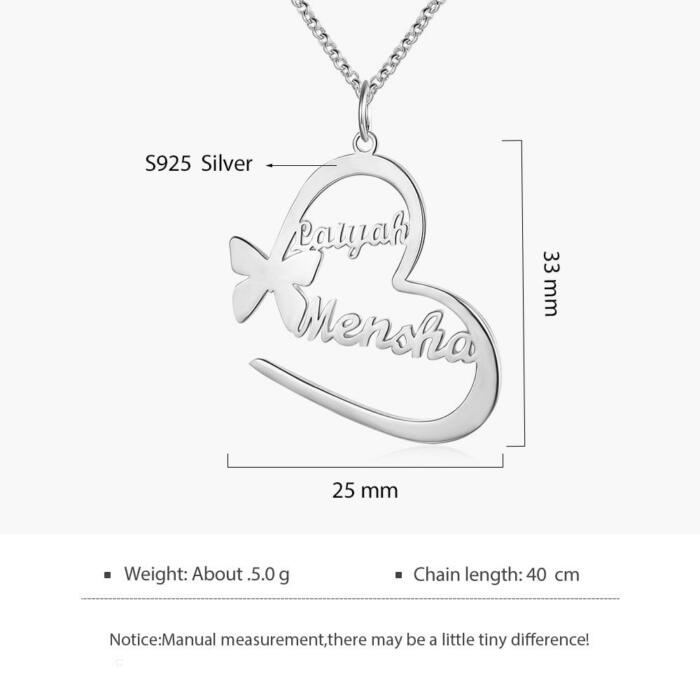 Butterfly Necklace for Women, Engraved Silver Pendant, 2-Name Engraving Silver Pendant for Women