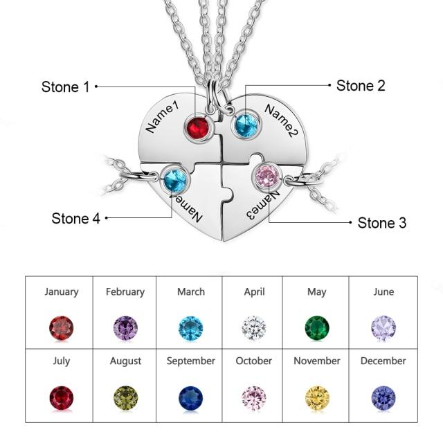 Heart Shape Friendship BFF Necklaces for 4 - Personalized Birthstone Engraved BFF Necklace