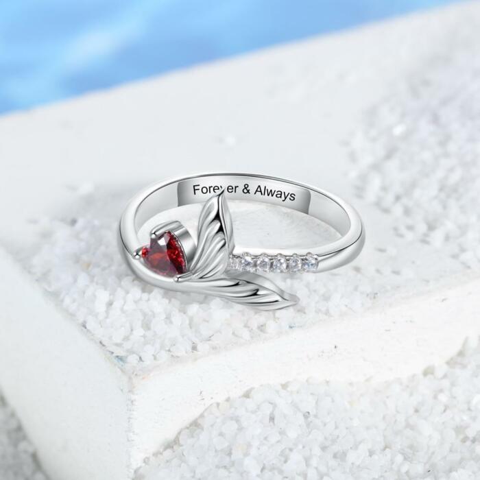 Personalized Fish Tail Band - Engraved Name Engagement Rings - Customized Cubic Zirconia Heart Stone Engraved Ring - Fashion Jewelry Gift for Women - Wedding Silver Ring Band