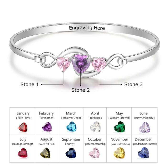 Personalized 3 Heart Birthstones Engraving Infinity Bangle Bracelet for Her