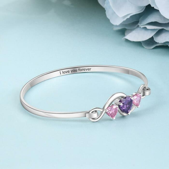 Personalized 3 Heart Birthstones Engraving Infinity Bangle Bracelet for Her