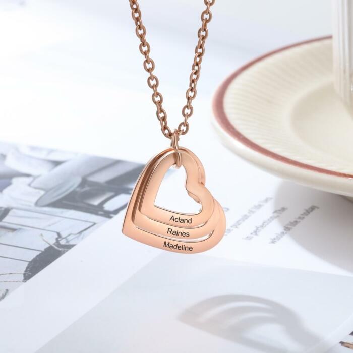 Stylish Heart Pendant Necklace - Personalized 3 Name Engravings