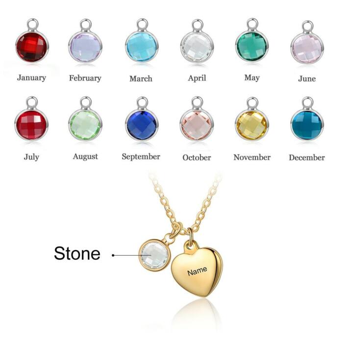 Personalized Heart Necklace - Custom Birthstone and Name Engraving Gold Pendant