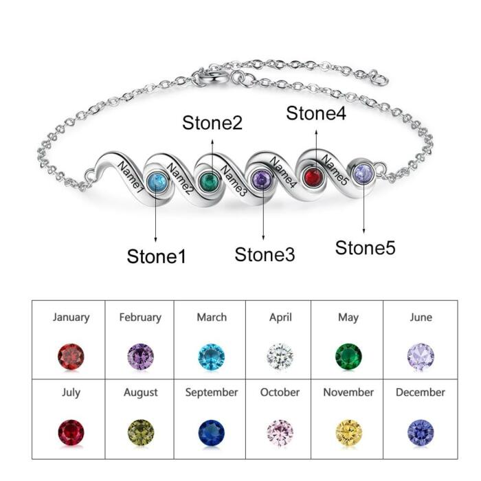 Customized Bracelet for Mother- Personalized Accessory for Women- 5 Inlaid Birthstones Customized Name Engraved Bracelet- Stylish Bracelet for Women- Custom Name Engraved Bracelet for Women
