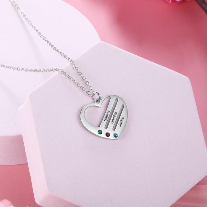 4-Name Engraving Birthstone Heart Necklace