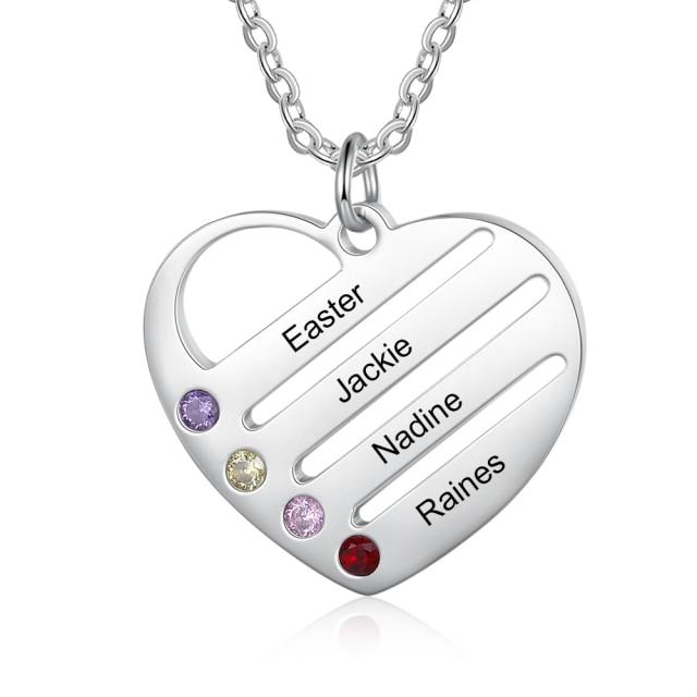 4-Name Engraving Birthstone Heart Necklace