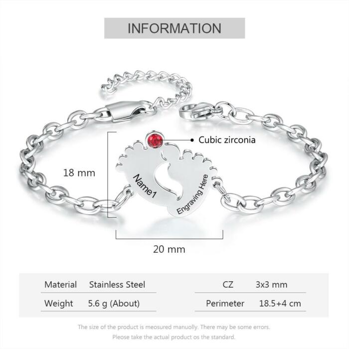 Personalized Stainless Steel Engraving Name & Date Baby Feet Charm Birthstone Bracelet Gifts for Mother - The Perfect New Mom Gift, or Baby Gift - Trendy Customizing Bracelet for Women