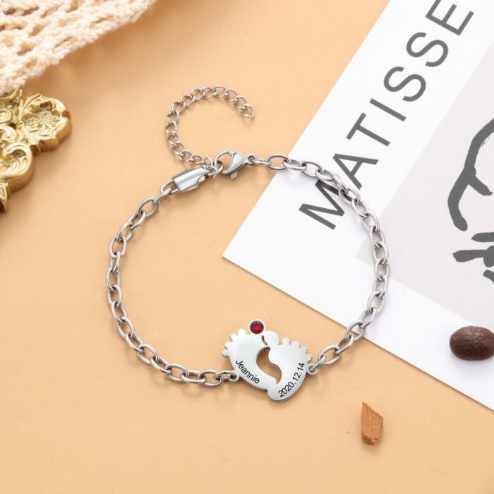 Personalized Stainless Steel Engraving Name & Date Baby Feet Charm Birthstone Bracelet Gifts for Mother - The Perfect New Mom Gift, or Baby Gift - Trendy Customizing Bracelet for Women
