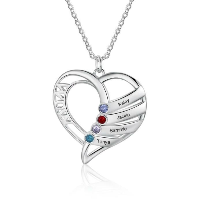 Personalized Heart Pendant Necklace for Women, Custom 4 Birthstones & Names Engraving Pendant for Moms
