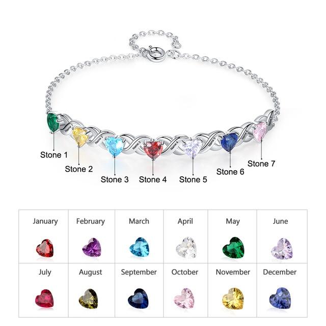 Personalized Inlaid 7 Heart Birthstone Family Bracelet for Mother's Day Gift - Bracelet with Birthstone for Women - Stainless Steel Fashion Jewelry For Women - Personalized Engraved Jewelry - Everyday Wear Bracelet for Women