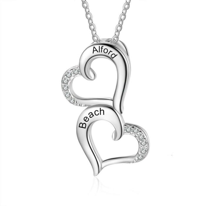 Couples Heart Silver Necklace - Stone Studded - 2 Name Engraving