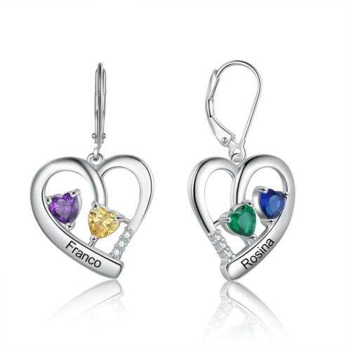 Personalized Heart Charm Earrings - Name Engraved - 4 Birthstones