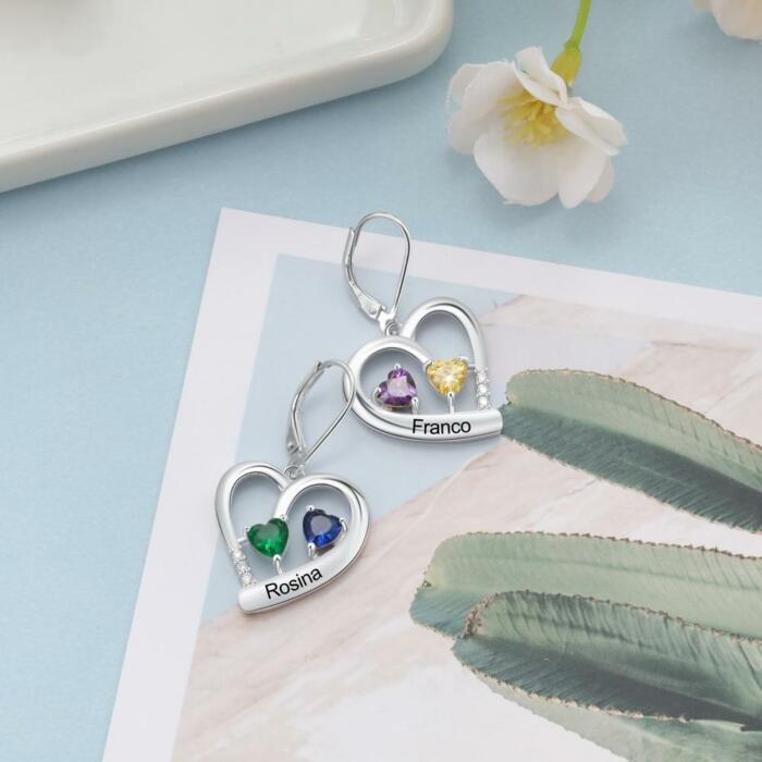 Personalized Heart Charm Earrings- Personalized Name Engraved Earrings for Women- 4 Birthstones Engraved Earrings for Women- 12 Color Hoop Earrings