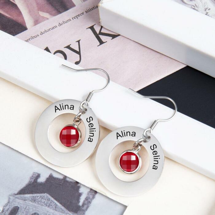 Personalized Jewelry - Circle Earrings With Birthstones - Dangle Drop Earrings
