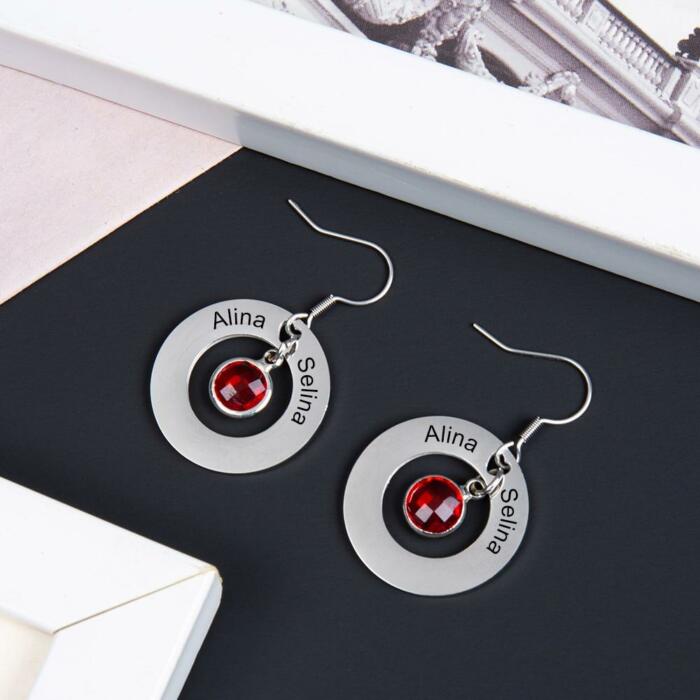 Personalized Stainless Steel Jewelry- Circle Earrings With Birthstones Jewelry- Dangle Drop Earrings for Women- Customized Jewelry for Women