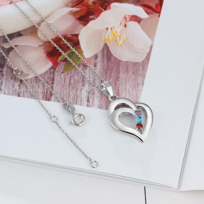 925 Sterling Silver Heart Shaped Pendant for Women, 3 Personalized Birthstones and 3 Name Engravings
