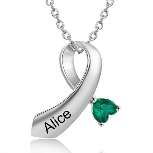 Personalized Sterling Silver Necklace with Inverted Heart Shape Engrave Name & Birthstones Pendant