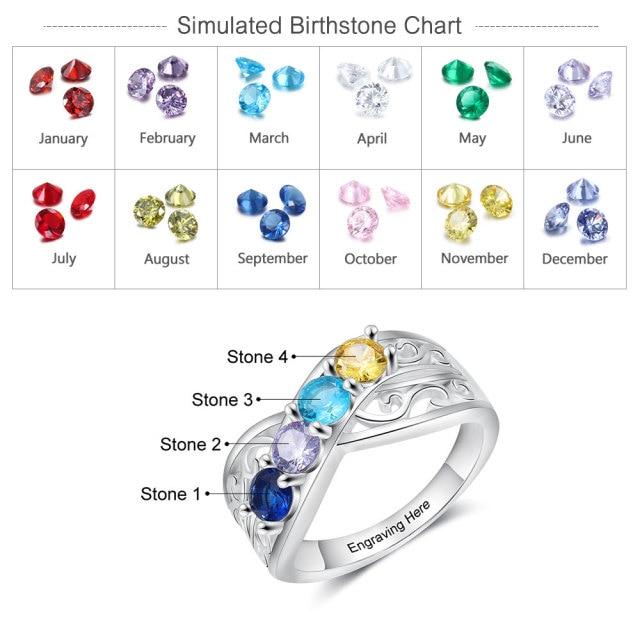 Personalized Floral Engagement Ring - Engrave 4 Birthstone Ring Wedding Band - Customized Mothers Ring - Engraving Floral Ring - Birthstone Jewelry Gift for Cute Couples