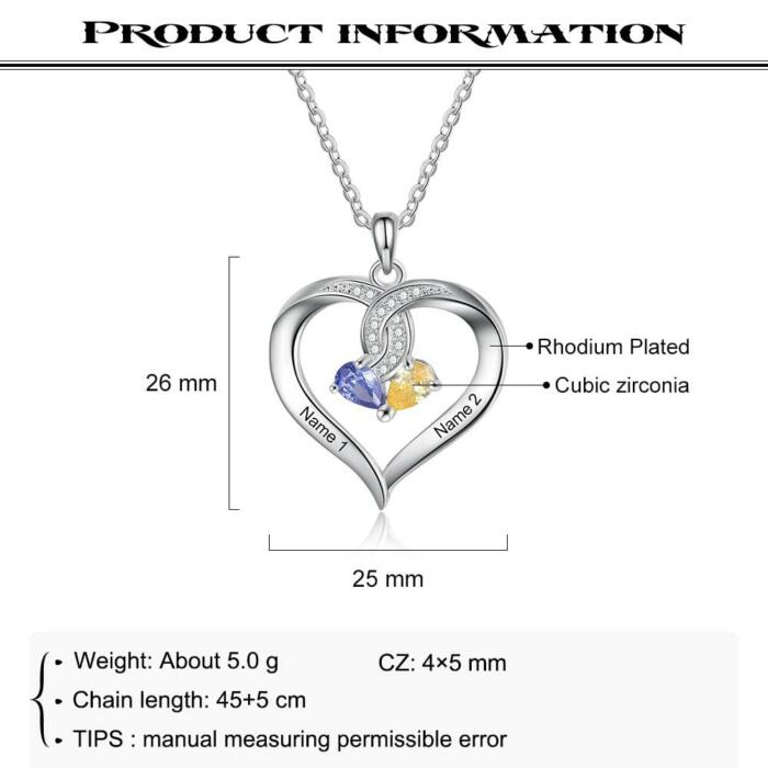 Personalized Heart Pendant - Custom 2 Birthstones & Names Engraved Pendant