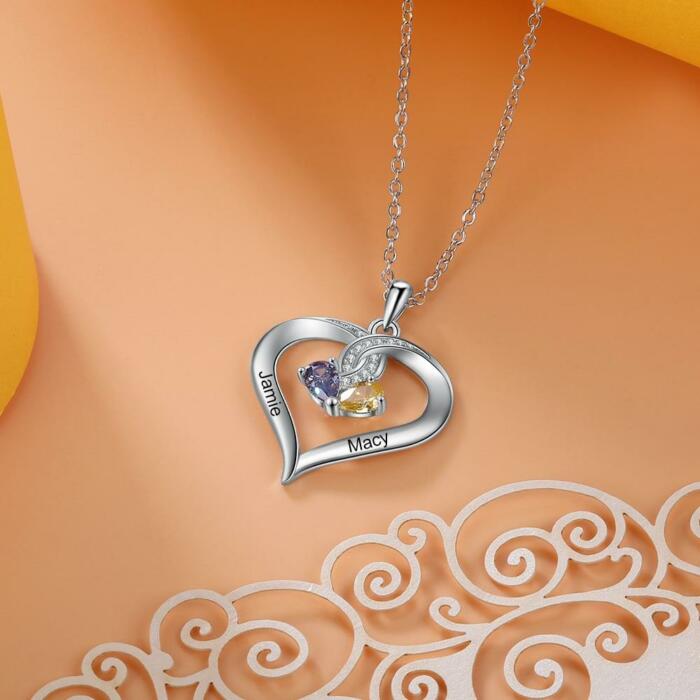 Personalized Copper Heart Pendant for Women, Custom 2 Birthstones & Names Engraved Pendant