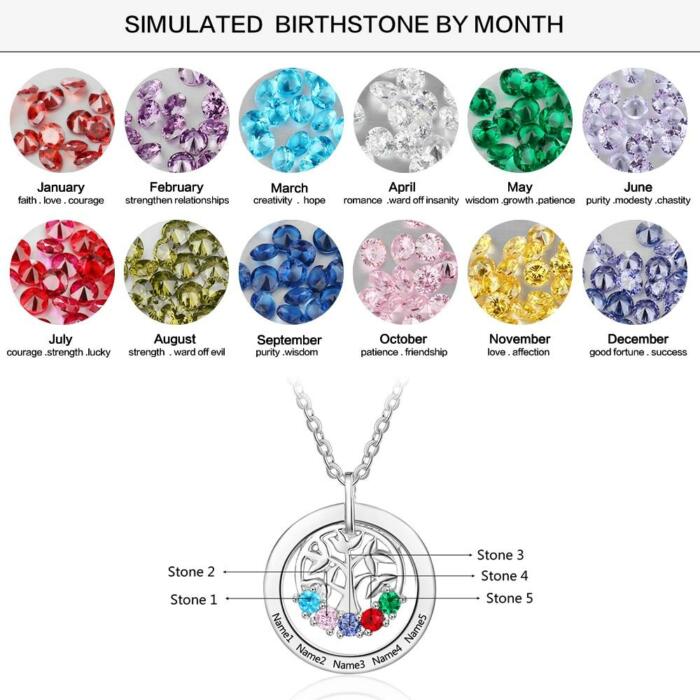 Sterling Silver Family Tree Pendant Necklace - Birthstone Engraved Pendant Necklace