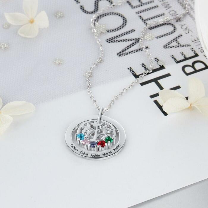 Sterling Silver Family Tree Pendant Necklace - Birthstone Engraved Pendant Necklace