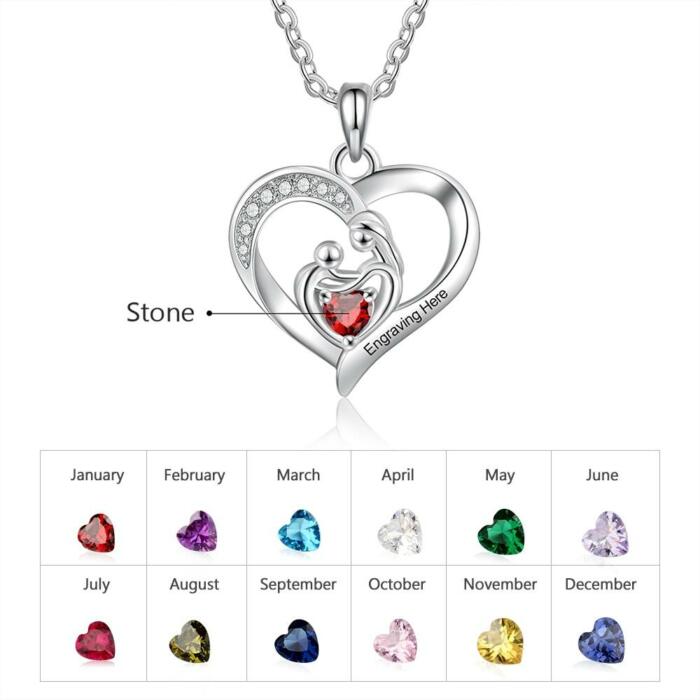 Customizable Heart pendant for Mom and Baby with names and birthstone
