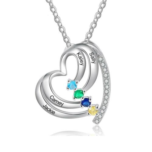 Customized Family Heart Pendant Necklace, Personalized 4 Names & Birthstones Pendant for Women