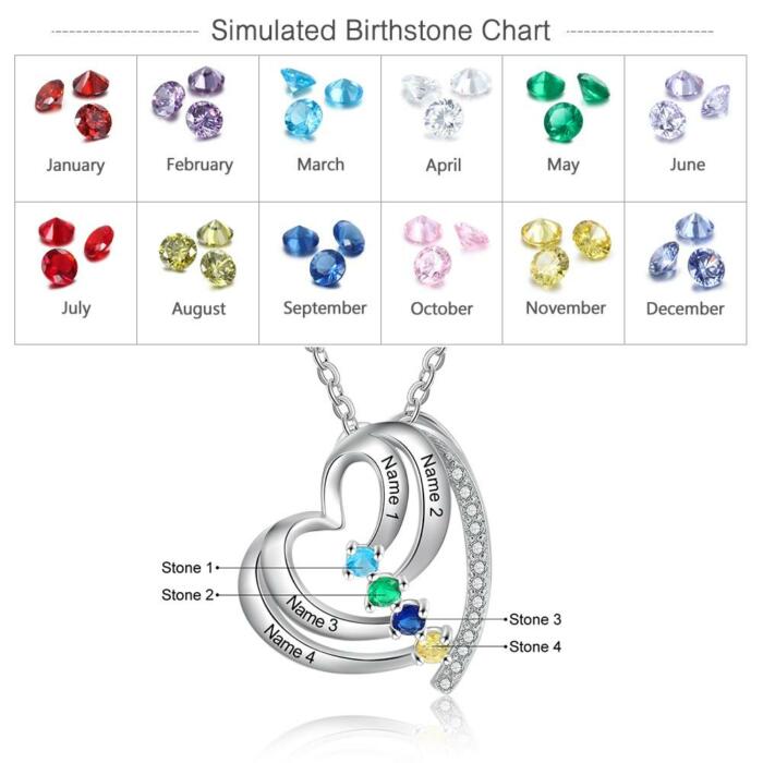 Customized Family Heart Pendant Necklace, Personalized 4 Names & Birthstones Pendant for Women