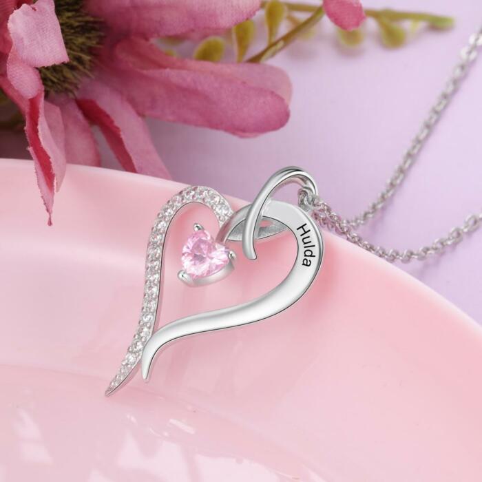 Personalized Engraved Birthstone Heart Necklace - Heart Necklace
