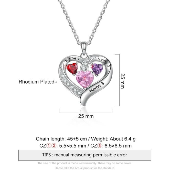 Personalized romantic heart pendant necklace – 3 names engravable with birthstones