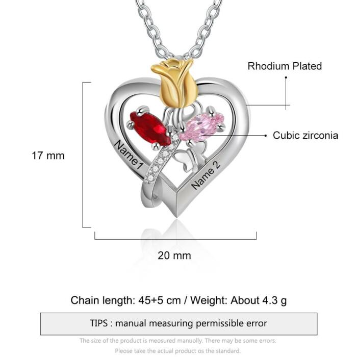 Personalized Rose Heart Birthstone Necklace - Custom Jewelry for Women - Flower Pendant Necklace for Women - Heart Pendant Necklace for Women